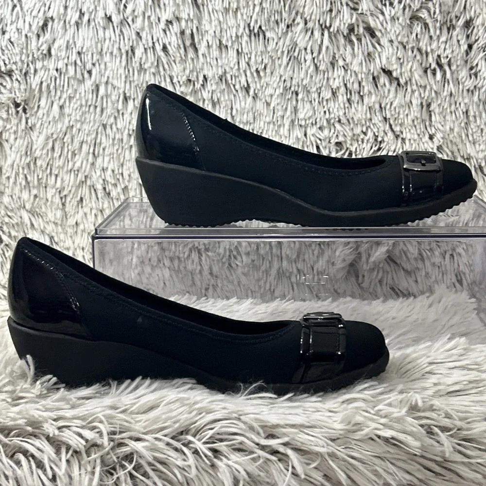 East 5th Barbara Black Gloss Matte Wedge Heel Slip On Buckle Casual Shoes Sz 7.5